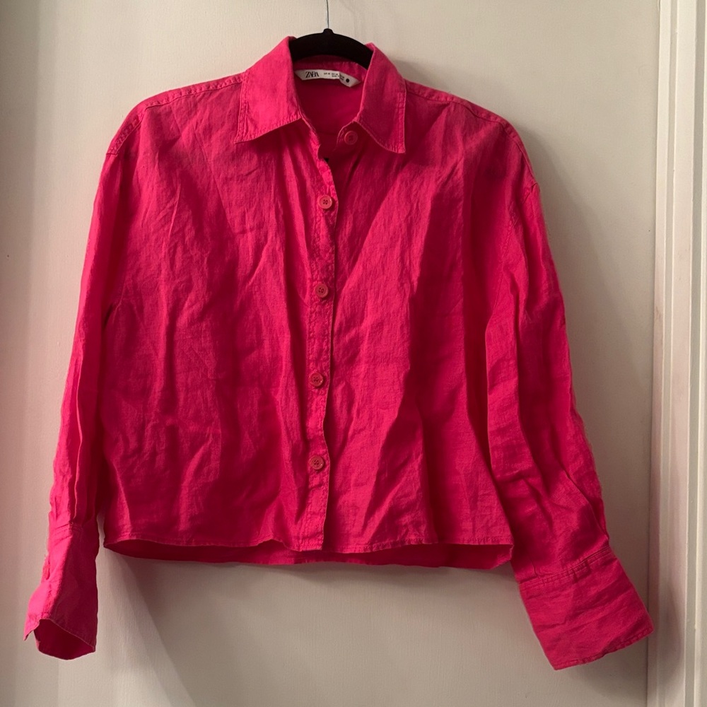 Zara Cropped Linen Vibrant Pink Button-Down Shirt